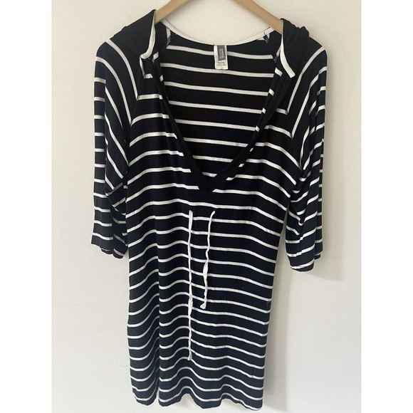 KENNETH COLE REACTION BLACK AND WHITE STRIPED SWIM BEACH COVER UP WITH HOOD L - Picture 1 of 11